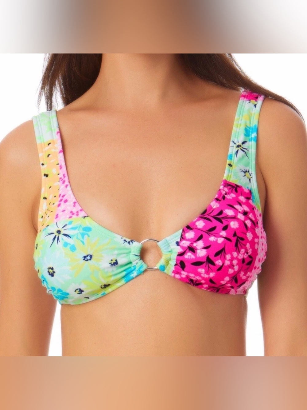California Waves Juniors' Printed Bralette Bikini Top, Green Print, Medium